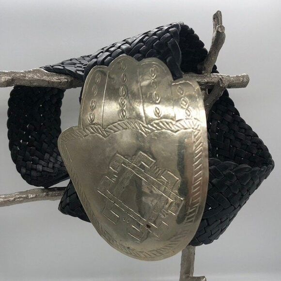 BELT Unique Black Braided Leather Silver Embossed 4 1/4\